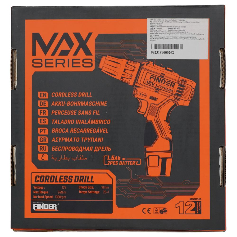 Máy khoan pin Finder FD10041222 12V Màu Đen - Cam