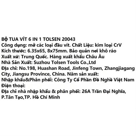 Bộ tua vít Tolsen 20043 (6 chi tiết) Màu Đen - Vàng