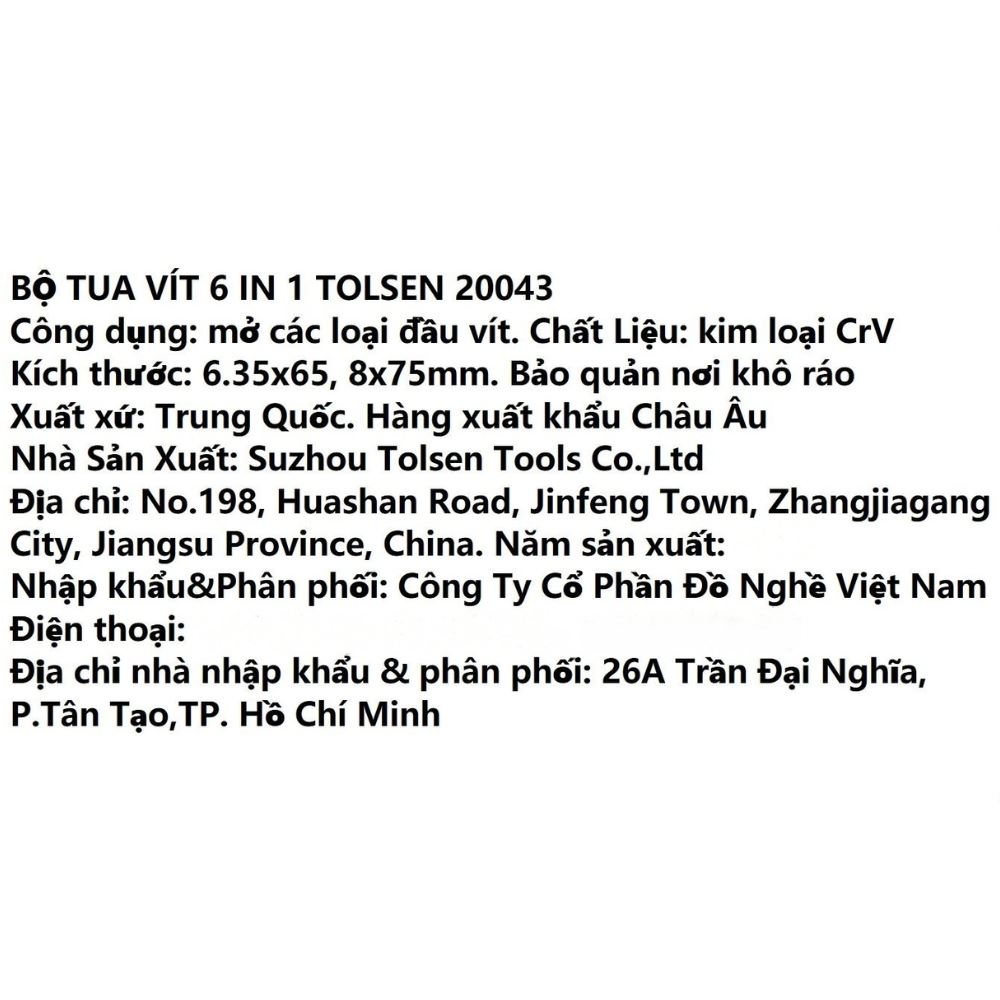 Bộ tua vít Tolsen 20043 (6 chi tiết) Màu Đen - Vàng