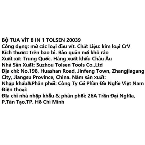 Bộ tua vít Tolsen 20039 (8 chi tiết) Màu Đen - Vàng