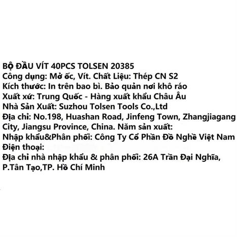 Bộ vặn vít Tolsen 20385 (40 chi tiết) Màu Đen - Vàng