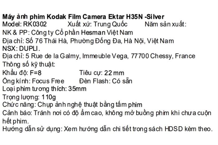 Máy ảnh Film Kodak H35N Màu Bạc