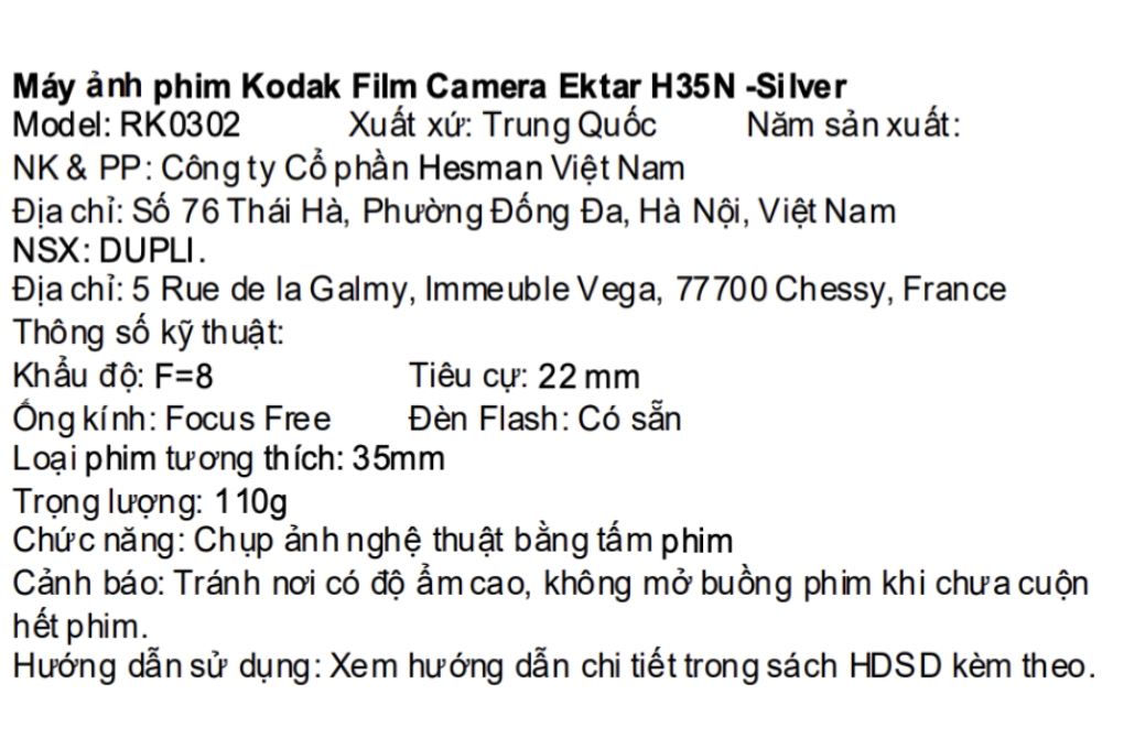 Máy ảnh Film Kodak H35N Màu Bạc