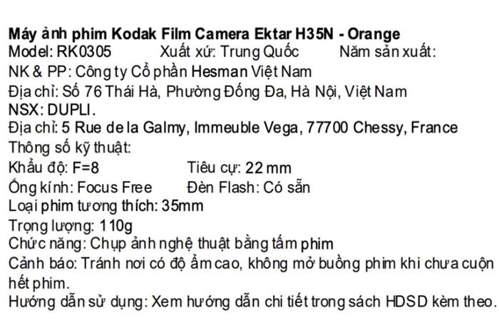 Máy ảnh Film Kodak H35N Màu Cam