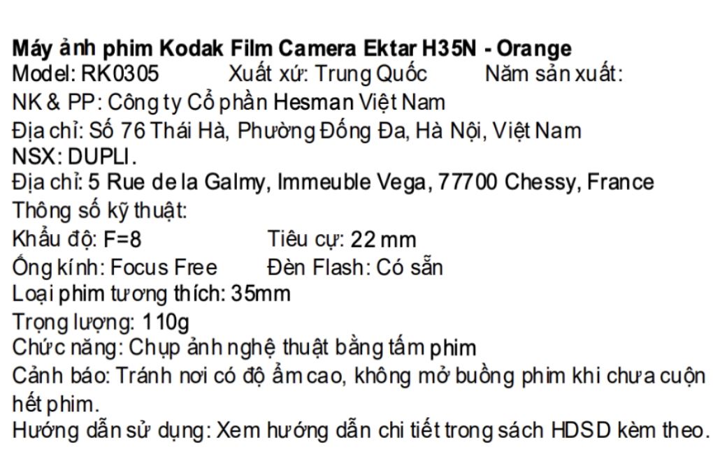 Máy ảnh Film Kodak H35N Màu Cam