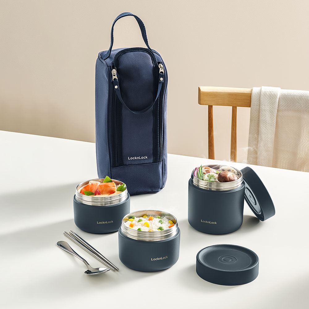 Bộ 3 hộp đựng thực phẩm inox Hàn Quốc 300 - 300 - 500 ml Lock&Lock LHC8052S01 Màu Xanh Navy