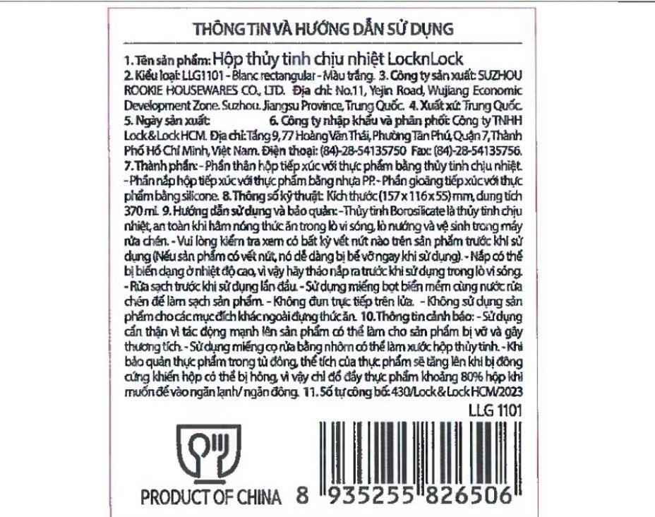 Hộp đựng thực phẩm thuỷ tinh Hàn Quốc 370 ml Lock&Lock LLG1101 Màu Trắng