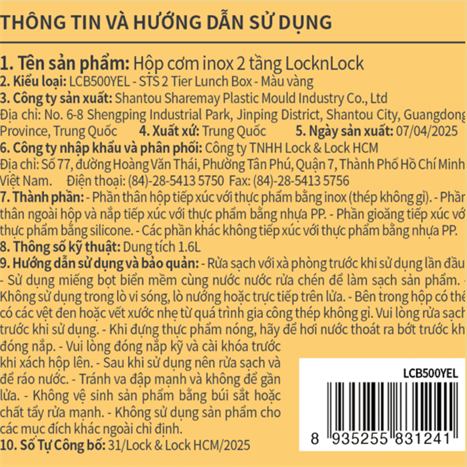 Hộp đựng thực phẩm 2 tầng inox 1600 ml Lock&Lock LCB500YEL Màu vàng
