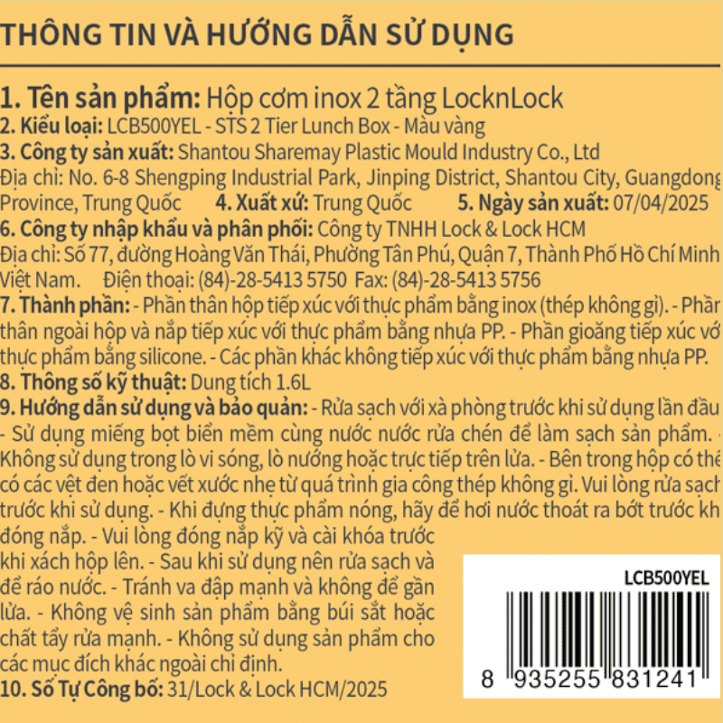 Hộp đựng thực phẩm 2 tầng inox 1600 ml Lock&Lock LCB500YEL Màu vàng