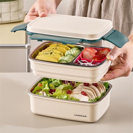 Hộp đựng thực phẩm 2 tầng inox 1600 ml Lock&Lock LCB500GRN Màu Xanh lá