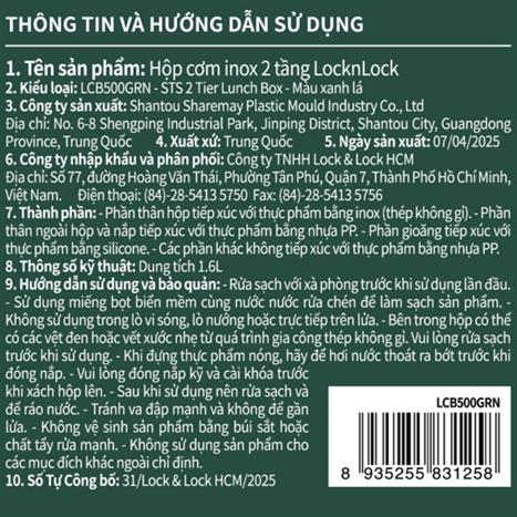 Hộp đựng thực phẩm 2 tầng inox 1600 ml Lock&Lock LCB500GRN Màu Xanh lá