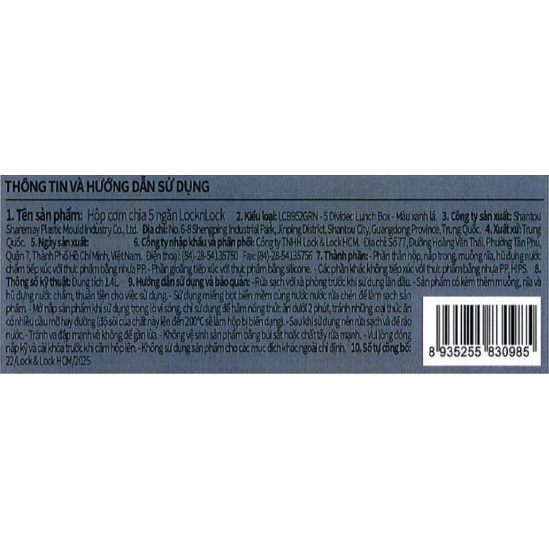 Hộp đựng thực phẩm 5 ngăn nhựa 1400 ml Lock&Lock LCB952GRN Màu Xanh lá