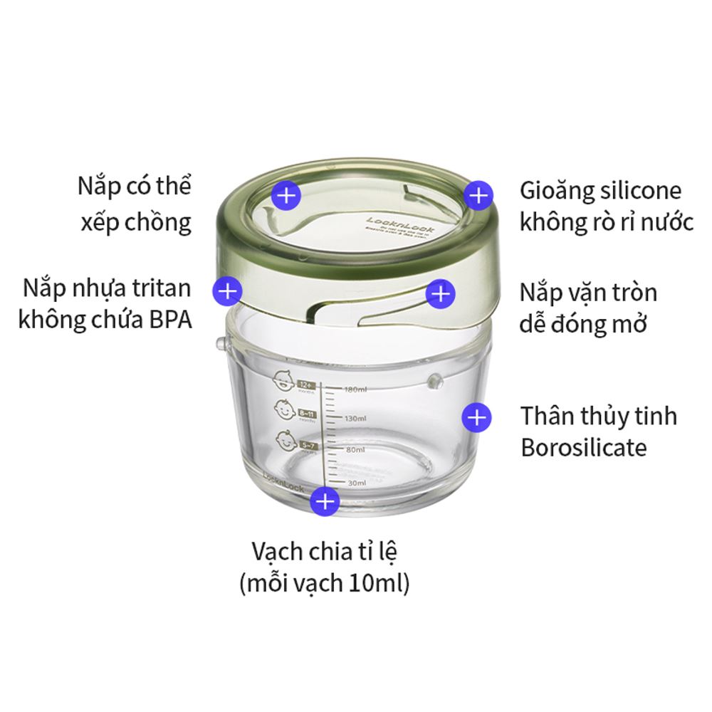 Bộ 3 hộp đựng thực phẩm thuỷ tinh 215 ml Lock&Lock LLG540S3GRN Màu Xanh lá