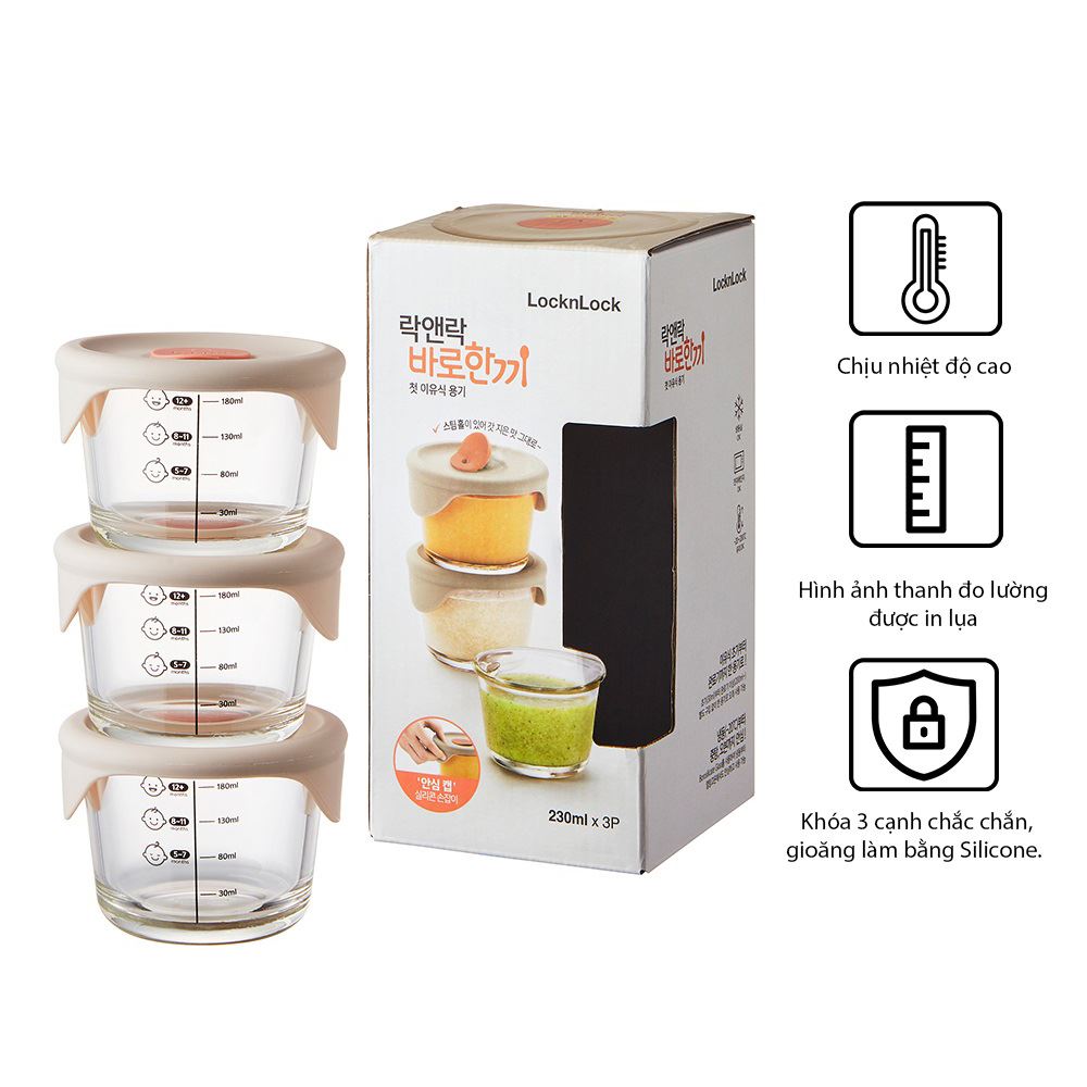 Bộ 3 hộp đựng thực phẩm thuỷ tinh 230 ml Lock&Lock LLG508S3 Màu Hồng phấn