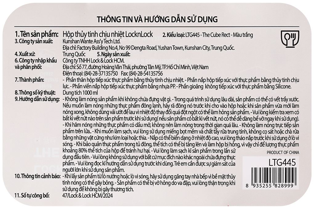 Hộp đựng thực phẩm thủy tinh LocknLock 1000 ml LTG445