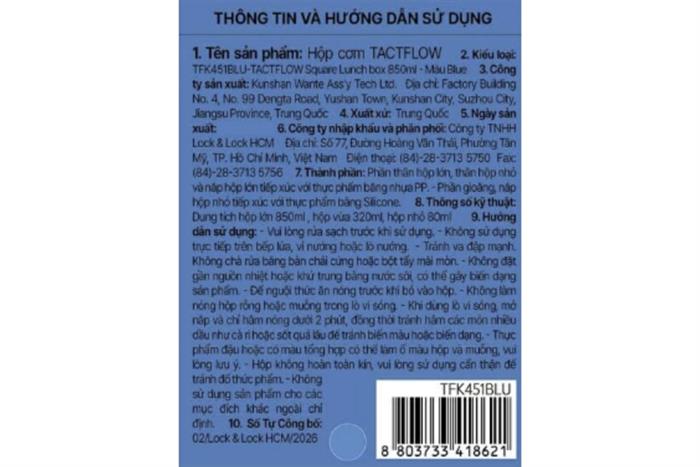 Hộp đựng thực phẩm 850 ml Tactflow TFK451BLU Màu Xanh Dương