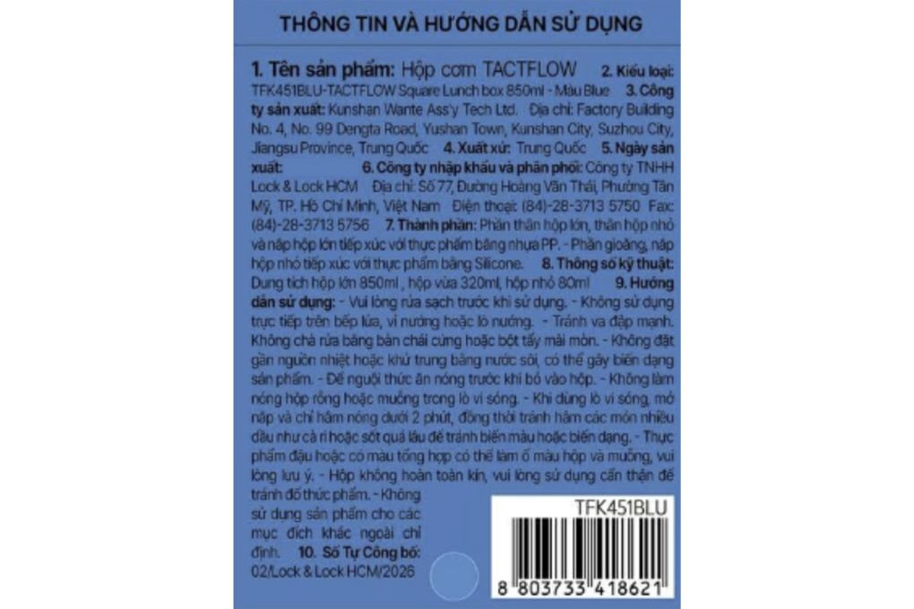 Hộp đựng thực phẩm 850 ml Tactflow TFK451BLU Màu Xanh Dương