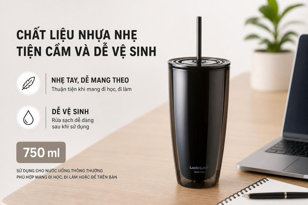 Bình đựng nước nhựa 750 ml Lock&Lock HAP507BLK Màu Đen