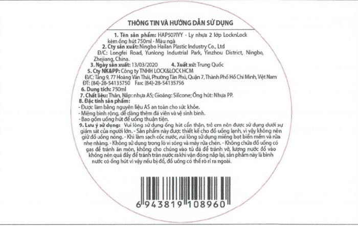 Bình đựng nước nhựa 750 ml Lock&Lock HAP507IVY Màu Kem