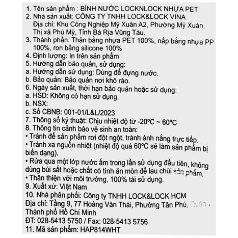 Bình đựng nước nhựa 1500 ml Lock&Lock HAP814WHT Màu Trắng