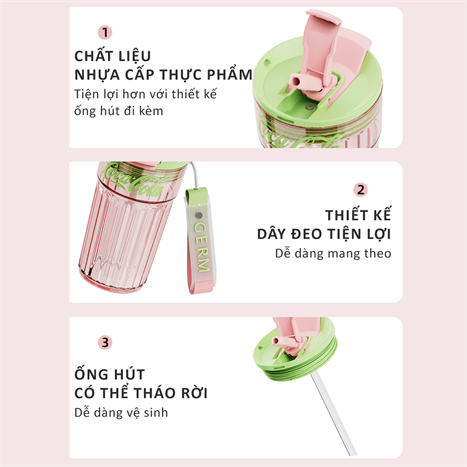 Bình đựng nước nhựa 450 ml GERM GE-CK24SS-S74 Màu Hồng