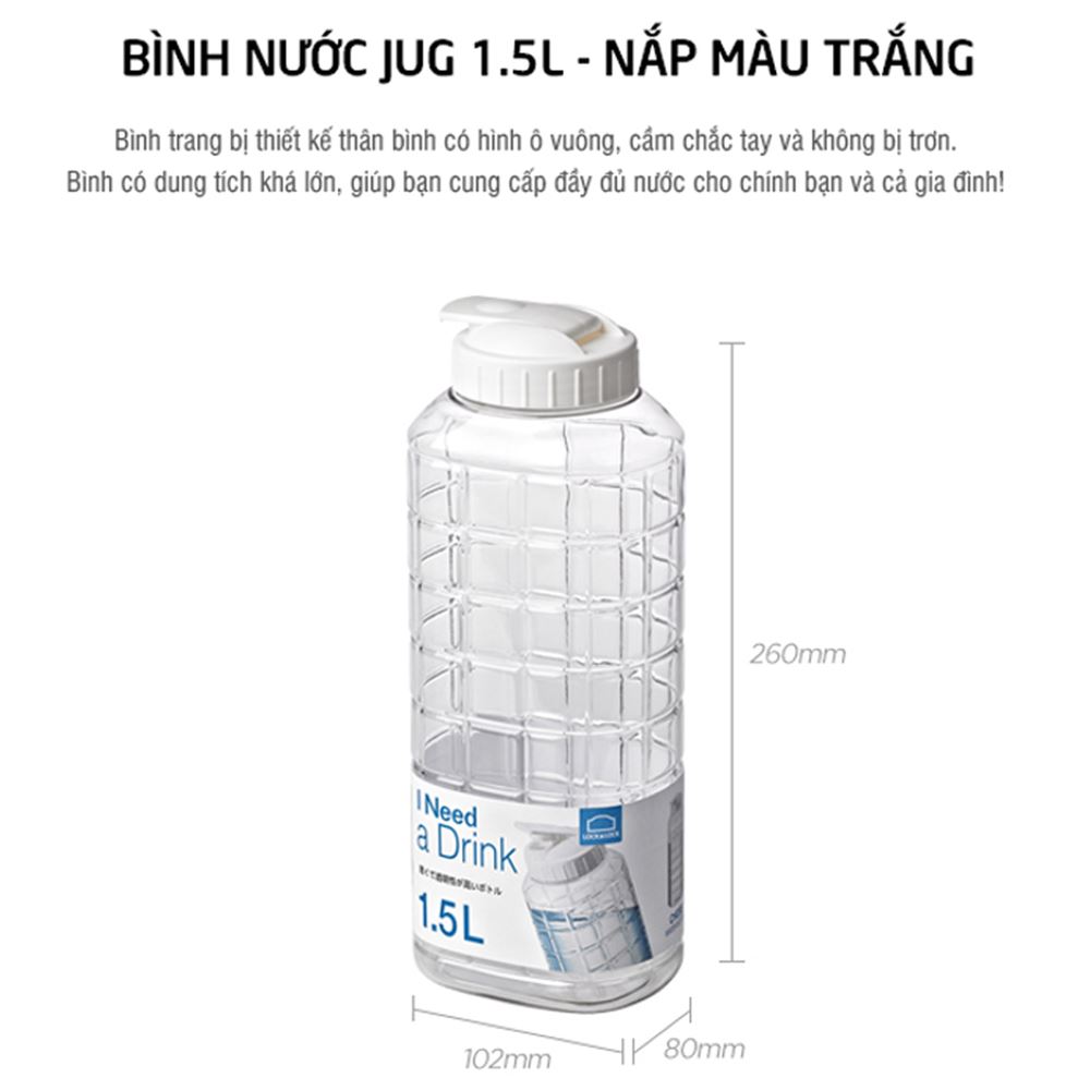 Bình đựng nước nhựa PET 1500 ml Lock&Lock HAP812 Màu Trắng