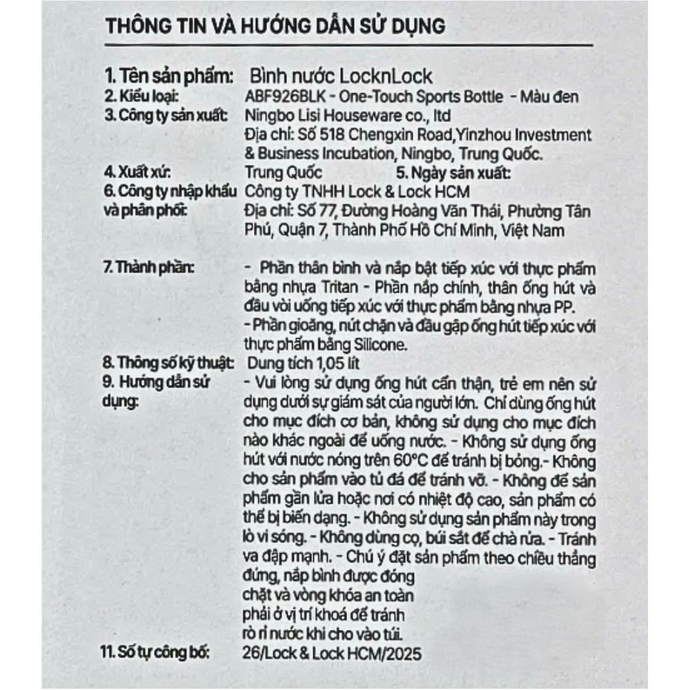 Bình đựng nước nhựa Tritan 1050 ml Lock&Lock ABF926BLK Màu Đen
