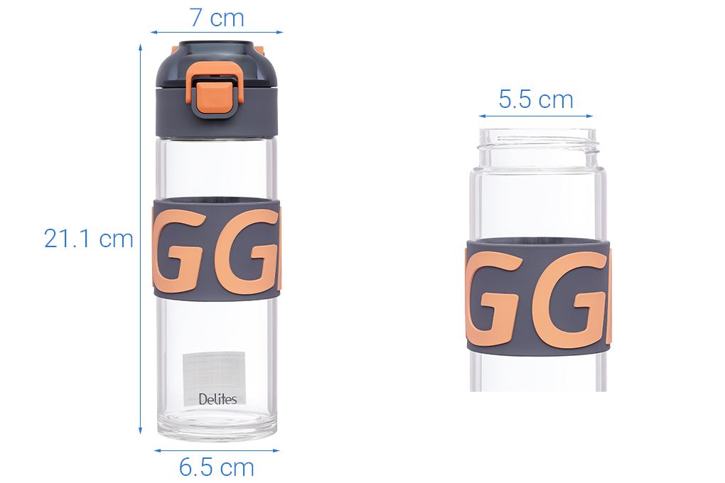 Bình đựng nước thủy tinh 460 ml Delites BL-2381 Màu Xám xanh