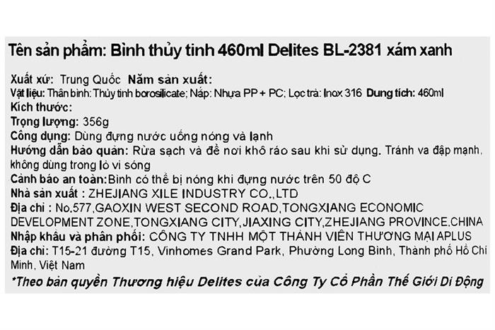 Bình đựng nước thủy tinh 460 ml Delites BL-2381 Màu Xám xanh