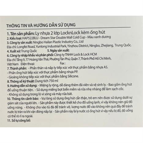 Ly nhựa 750 ml Lock&Lock HAP522BLU Màu Xanh Dương