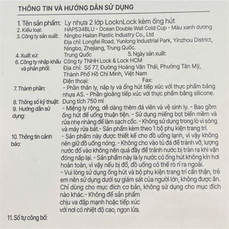 Ly nhựa 750 ml Lock&Lock HAP534BLU Màu Xanh Dương