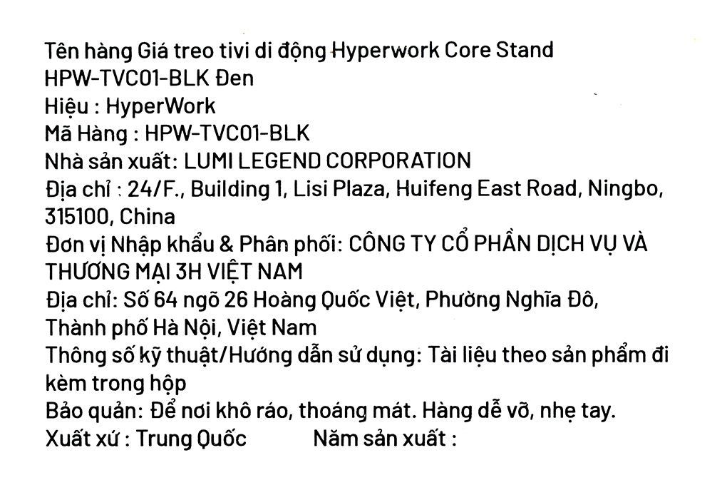 Khung treo Tivi 37-70 inch HyperWork di động Core Stand TVC01 Màu Đen