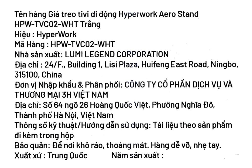 Khung treo Tivi 37-75 inch HyperWork di động Aero Stand TVC02 Màu Trắng