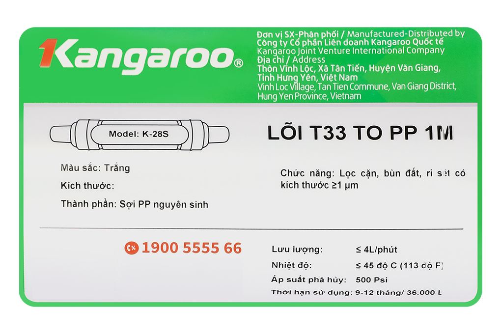 Lõi lọc thô Kangaroo số 3 T33 to PP 1M (SX) Màu Trắng