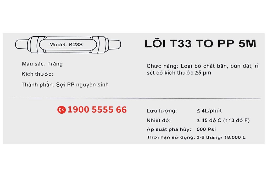 Lõi lọc thô Kangaroo số 1 T33 to PP 5M (SX) Màu Trắng