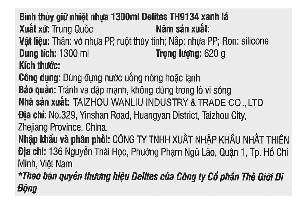Bình thủy giữ nhiệt thủy tinh 1300 ml Delites TH9134 Màu Xanh lá