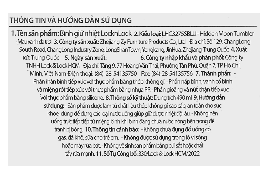 Bình giữ nhiệt inox 490 ml Lock&Lock Hidden Moon LHC3275SBLU Màu Xanh Da Trời