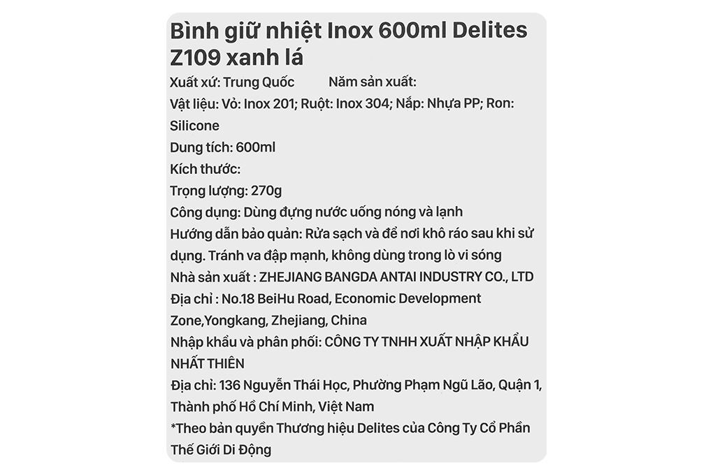 Bình giữ nhiệt Inox 600 ml Delites Z109 Xanh lá Màu Xanh lá