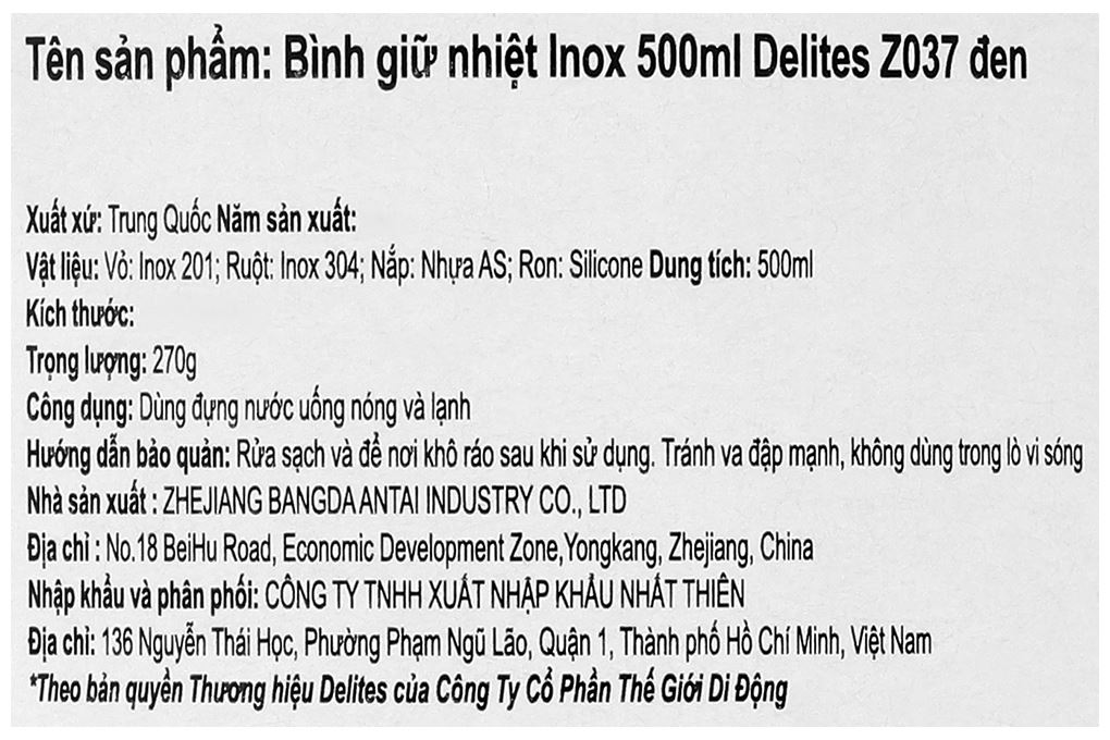 Bình giữ nhiệt Inox 500 ml Delites Z037 Đen Màu Đen