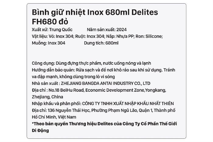 Bình đựng thức ăn giữ nhiệt Inox 680 ml Delites FH680 Đỏ Màu Đỏ