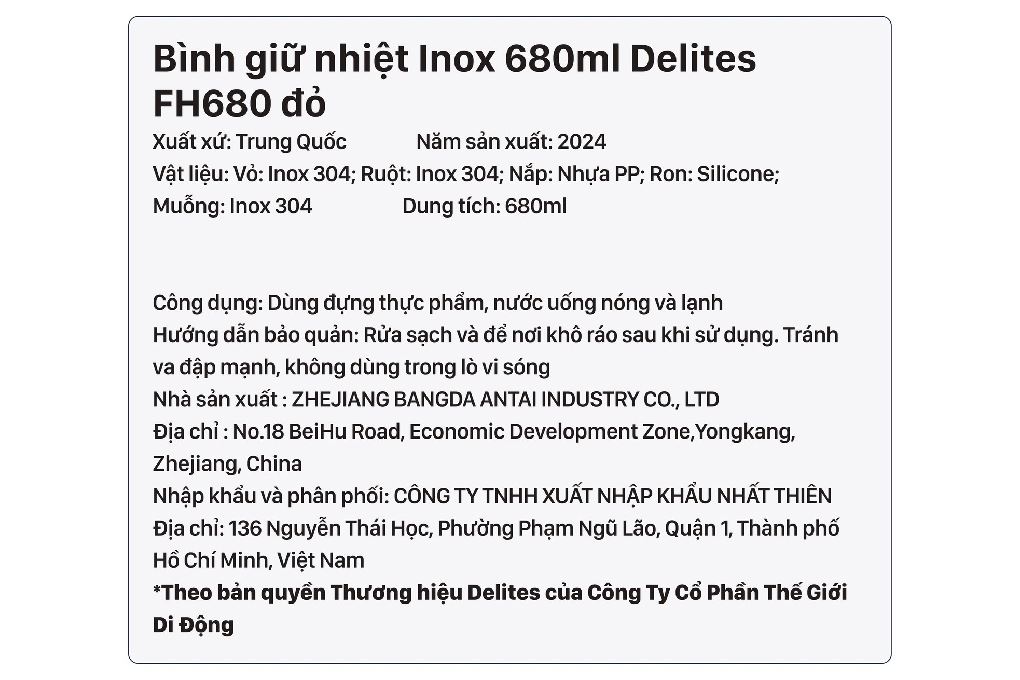 Bình đựng thức ăn giữ nhiệt Inox 680 ml Delites FH680 Đỏ Màu Đỏ