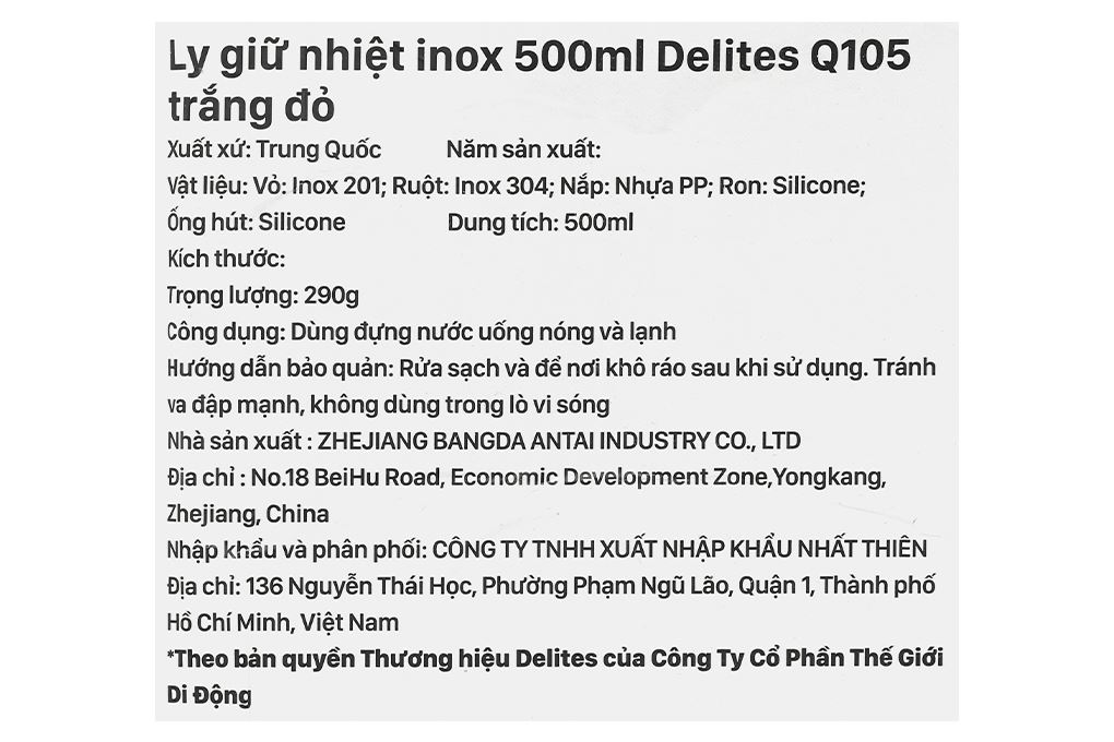 Ly giữ nhiệt inox 500 ml Delites Q105 Trắng Đỏ Màu Trắng