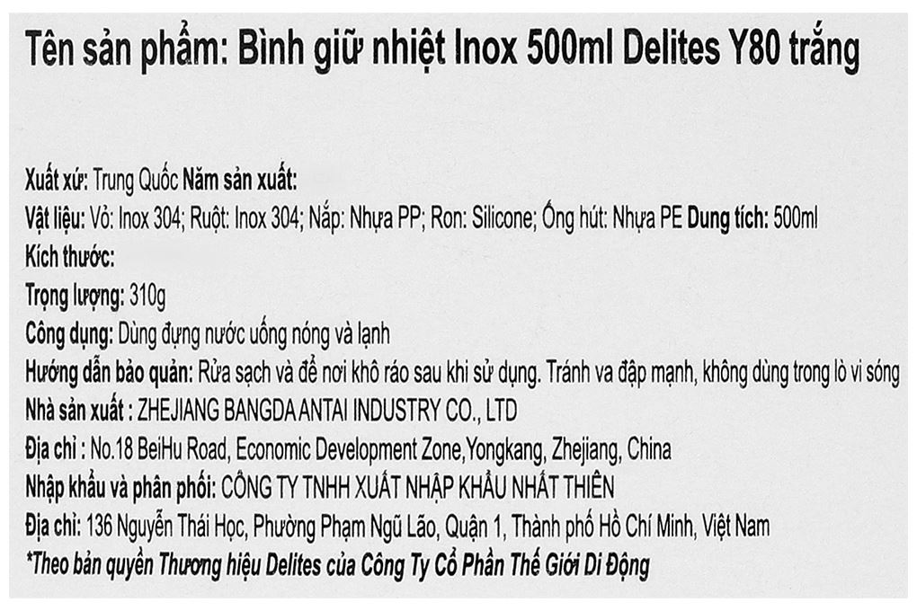 Bình giữ nhiệt Inox 500 ml Delites Y80 Trắng Màu Trắng