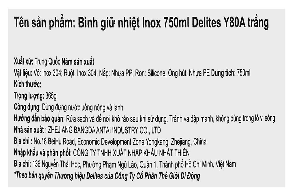 Bình giữ nhiệt Inox 750 ml Delites Y80A Trắng Màu Trắng