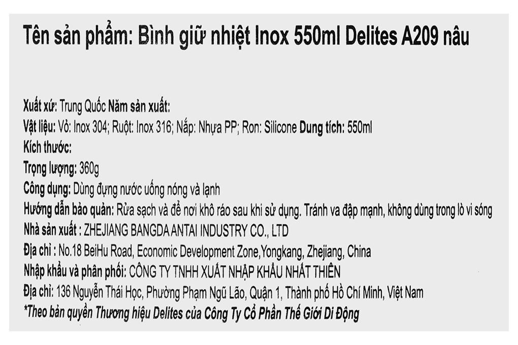 Bình giữ nhiệt Inox 550 ml Delites A209 Nâu - 13