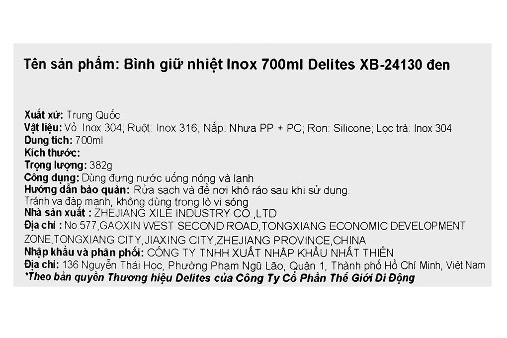 Bình giữ nhiệt Inox 700 ml Delites XB-24130 Đen Màu Đen