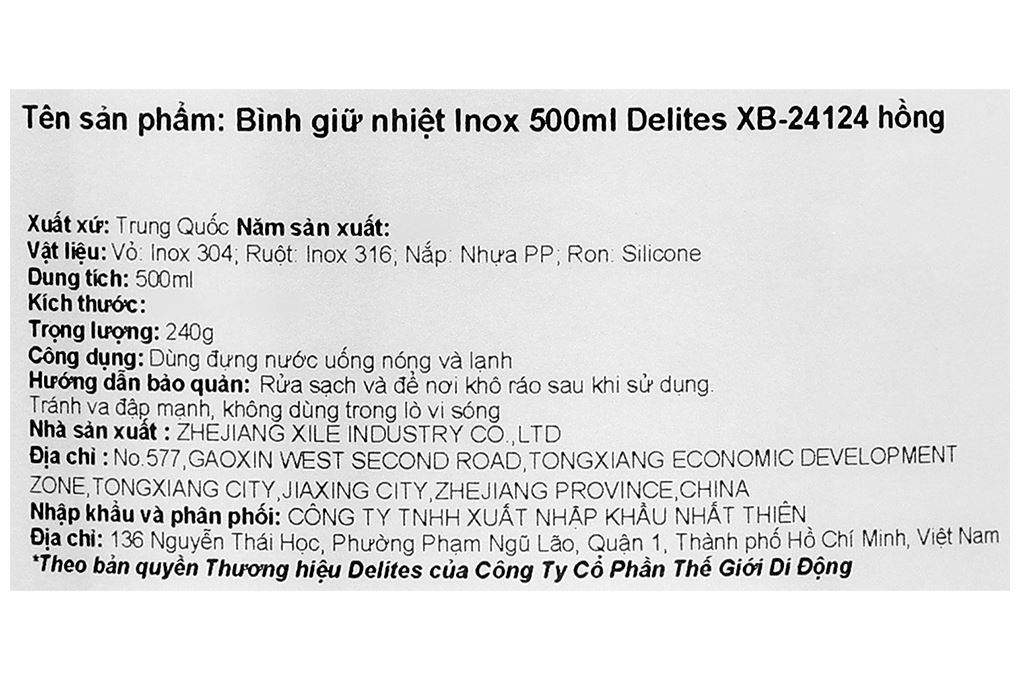 Bình giữ nhiệt Inox 500 ml Delites XB-24124 Hồng Màu Hồng