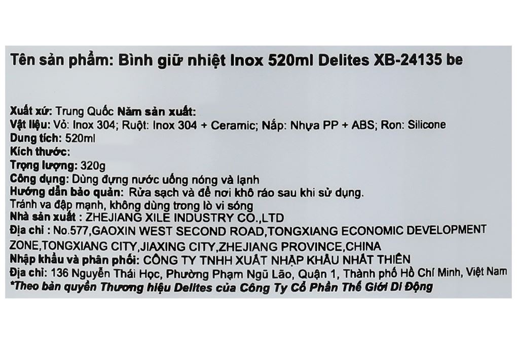Bình giữ nhiệt Inox 520 ml Delites XB-24135 Be Màu Màu be