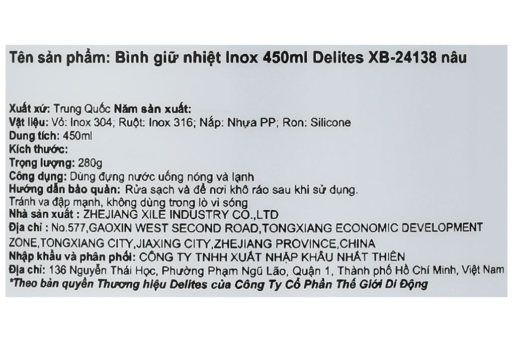 Bình giữ nhiệt Inox 450 ml Delites XB-24138 Nâu Màu Nâu