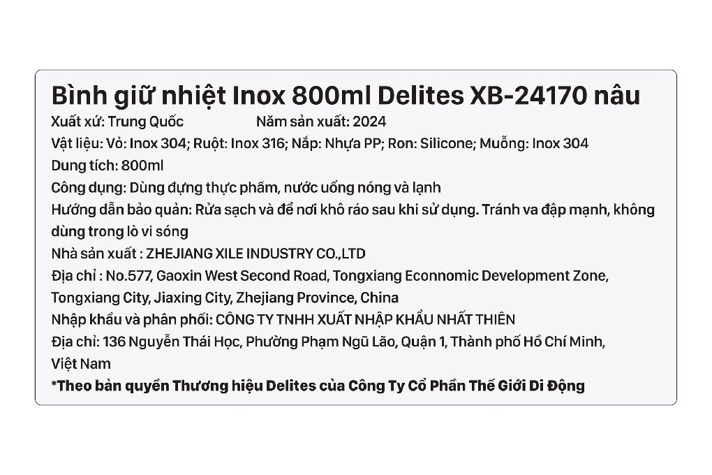 Bình đựng thức ăn giữ nhiệt Inox 800 ml Delites XB-24170 Nâu Màu Nâu